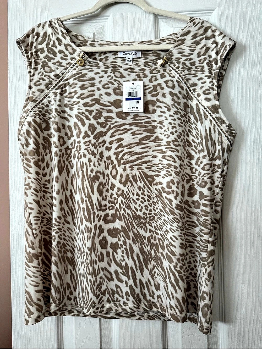 Calvin Klein Animal Print Blouse in Brown & Cream Size XS NWT